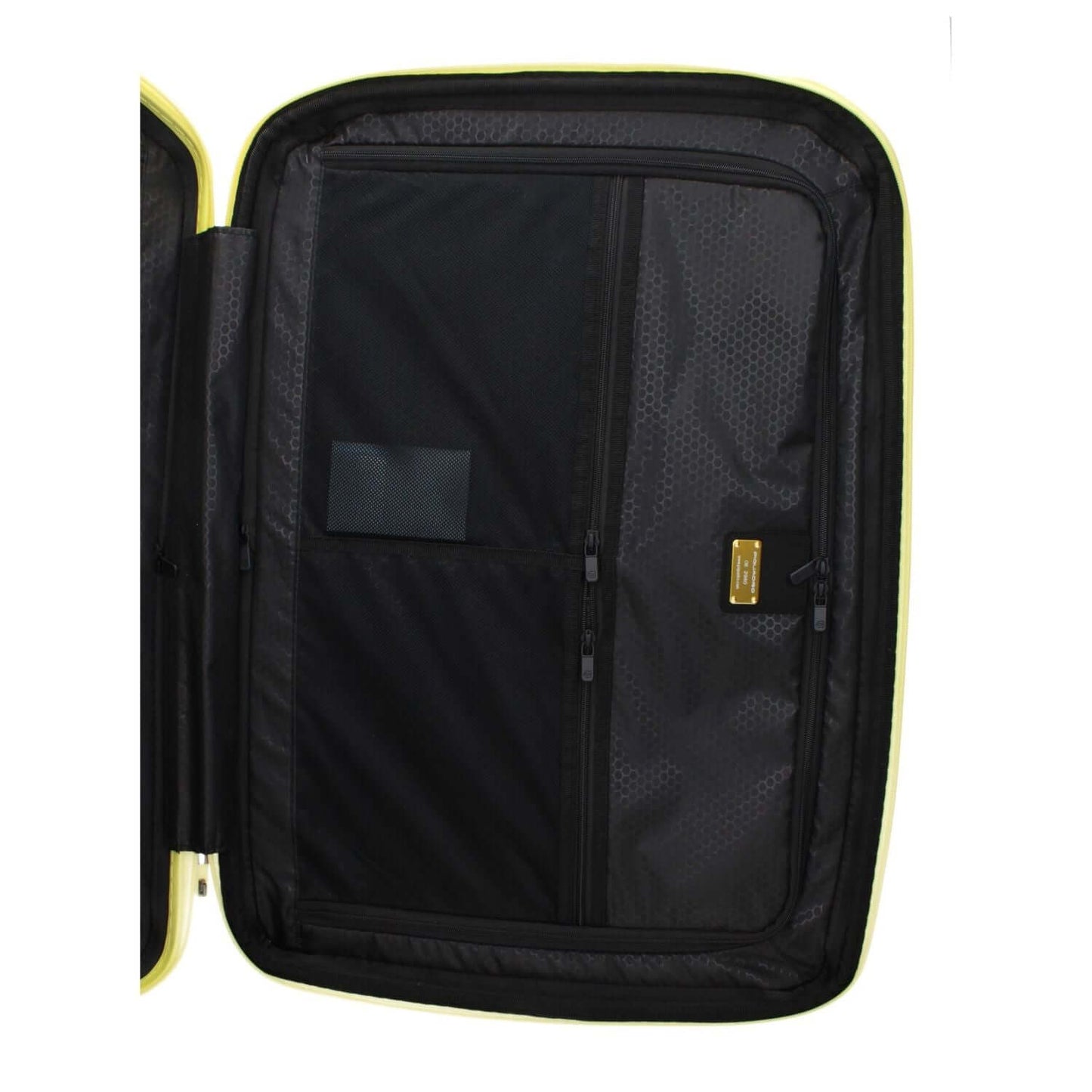 Interior view of Piquadro Yellow Polycarbonate Luggage And Travel with adjustable handle and TSA closure.