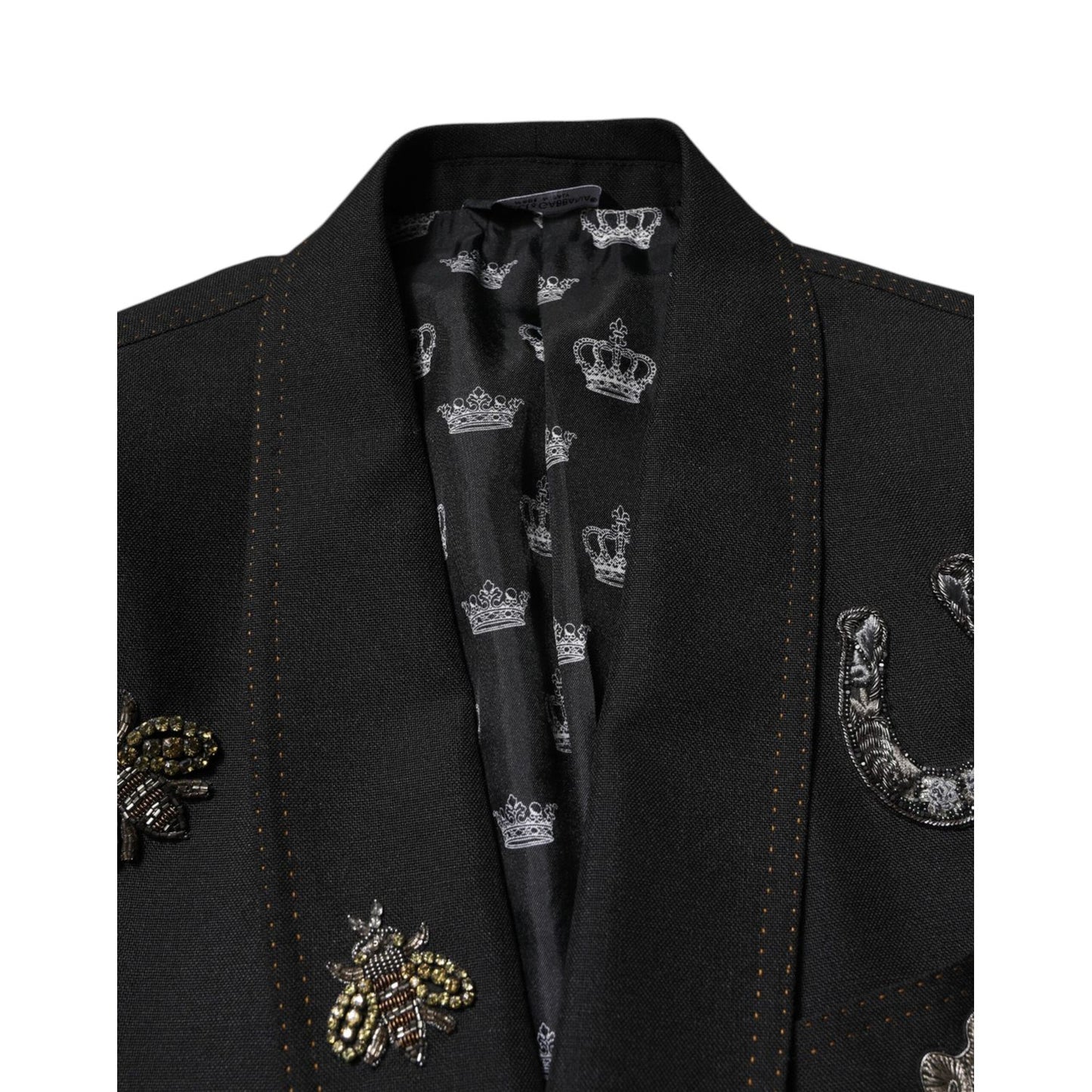 Dolce & Gabbana Black Bee Crown Embellished Suit Coat Blazer