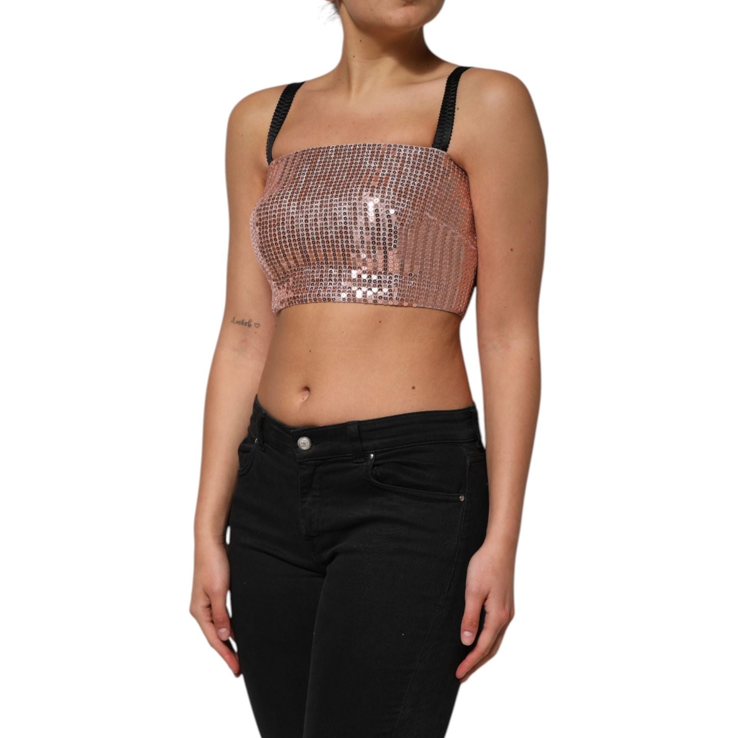 Dolce & Gabbana Pink Sequined Nylon Sleeveless Cropped Top