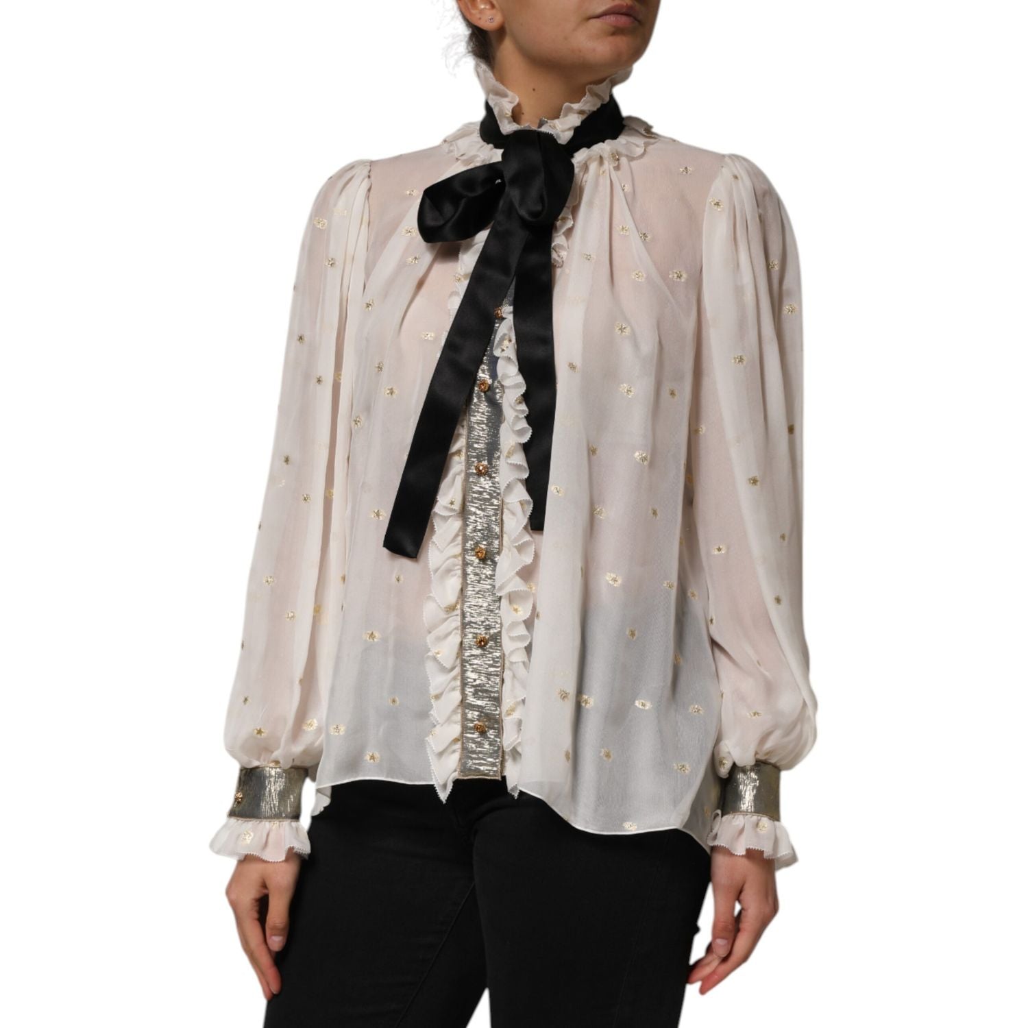 Dolce & Gabbana White Black Silk Long Sleeve Ascot Collar Top