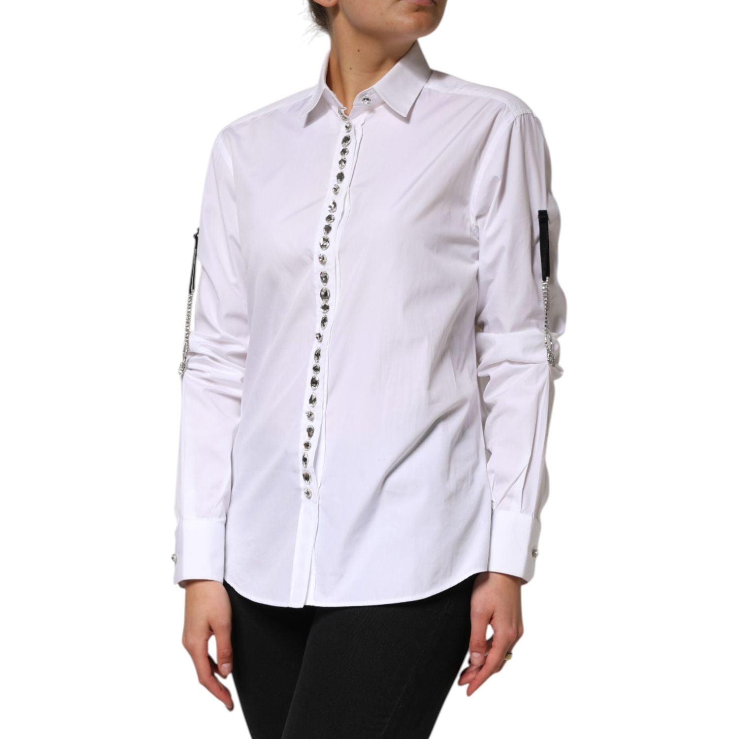 Dolce & Gabbana White Crystal Embellished Collared Shirt Top
