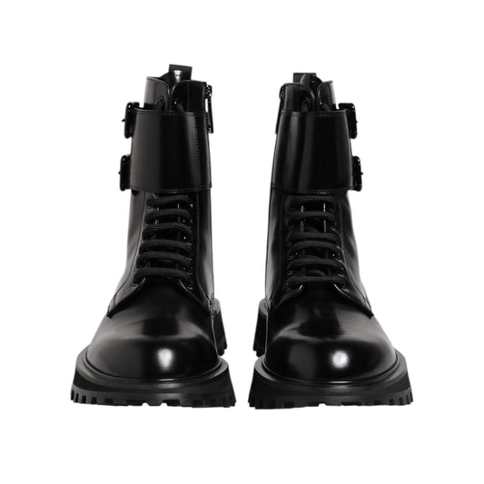 Dolce & Gabbana Black Leather Lace Up Mid Calf Boots Shoes MV7702-41