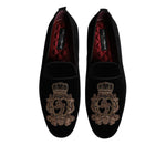 Dolce & Gabbana Black Velvet Gold Crown Mens Loafers Shoes MV7628-46