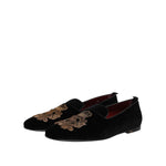 Dolce & Gabbana Black Velvet Gold Crown Mens Loafers Shoes MV7628-46