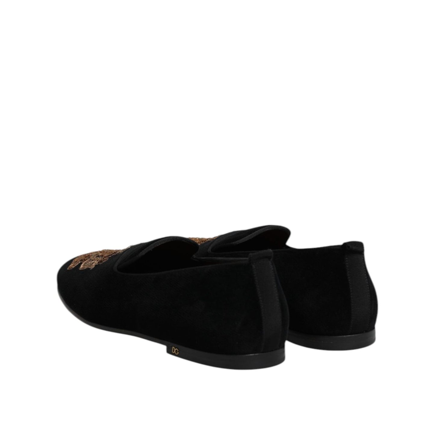 Dolce & Gabbana Black Velvet Gold Crown Mens Loafers Shoes MV7628-46