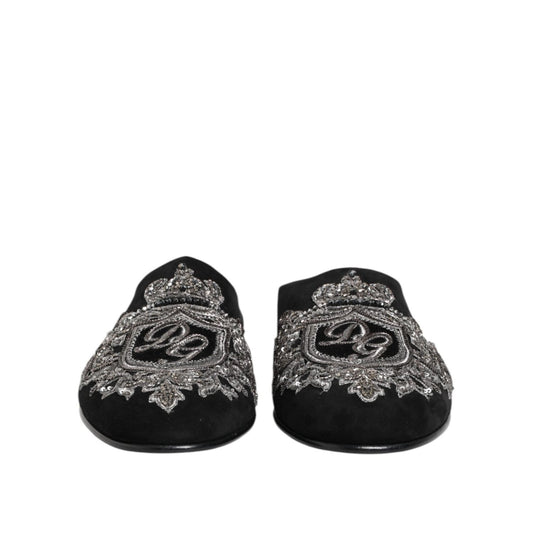 Dolce & Gabbana Black Velvet Slides DG Crown Slipper Shoes MV7629-39