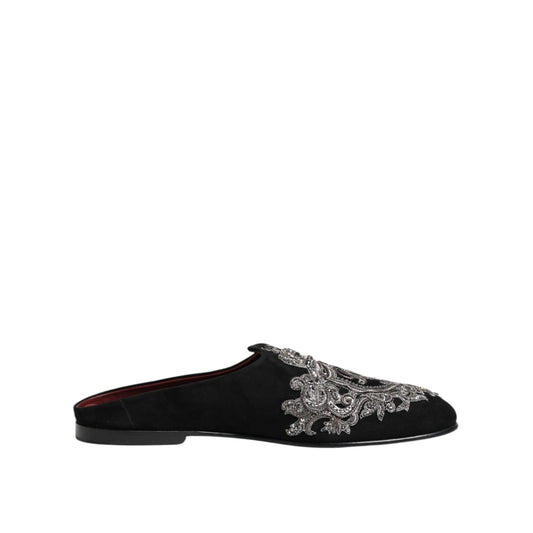Dolce & Gabbana Black Velvet Slides DG Crown Slipper Shoes MV7629-39