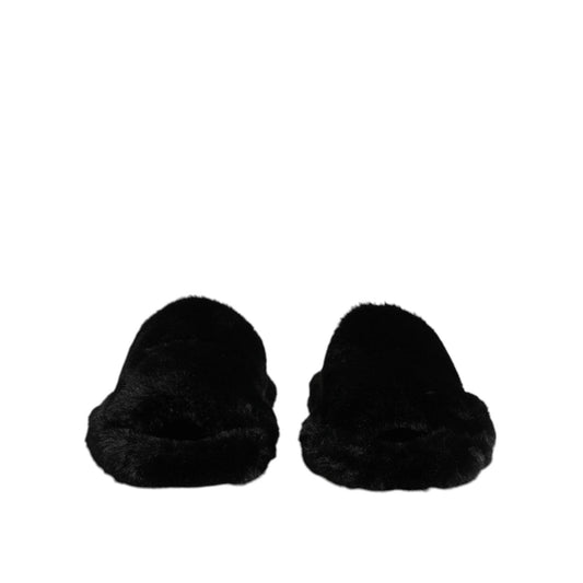 Dolce & Gabbana Black Faux Fur Flats Men Sandals Shoes MV7677-44.5