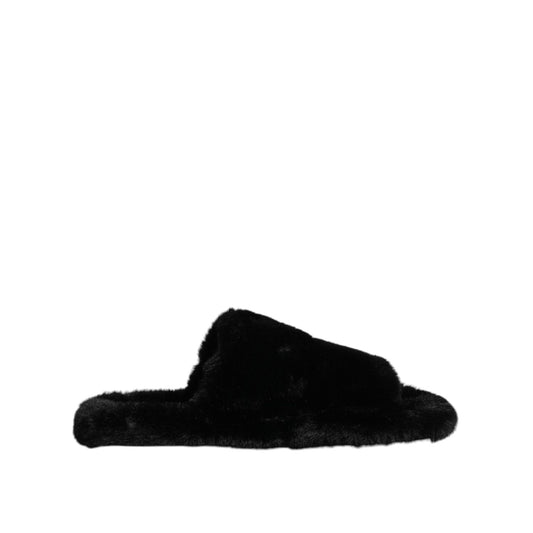 Dolce & Gabbana Black Faux Fur Flats Men Sandals Shoes MV7677-44.5