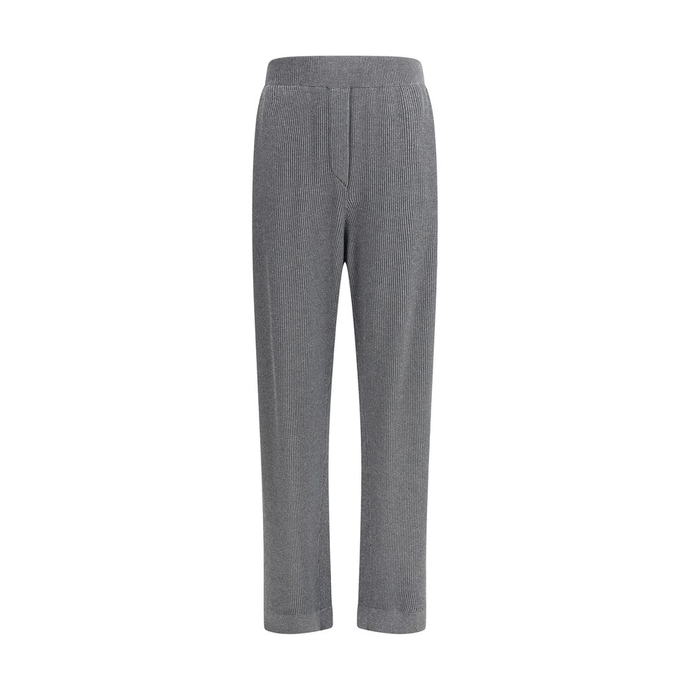 Brunello Cucinelli Gray Cotton Casual Pants with ribbed design and elastic waist, featuring side welt pockets, ideal for refined casual looks.