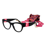 Guess Black Women Glasses Frame with cat eye style, full-rim plastic frame, demo lenses, and branded case. Eyewear chain included.