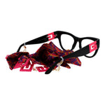 Guess Black Women Glasses Frame with colorful eyewear chain and branded case, full-rim plastic cat eye style for women.