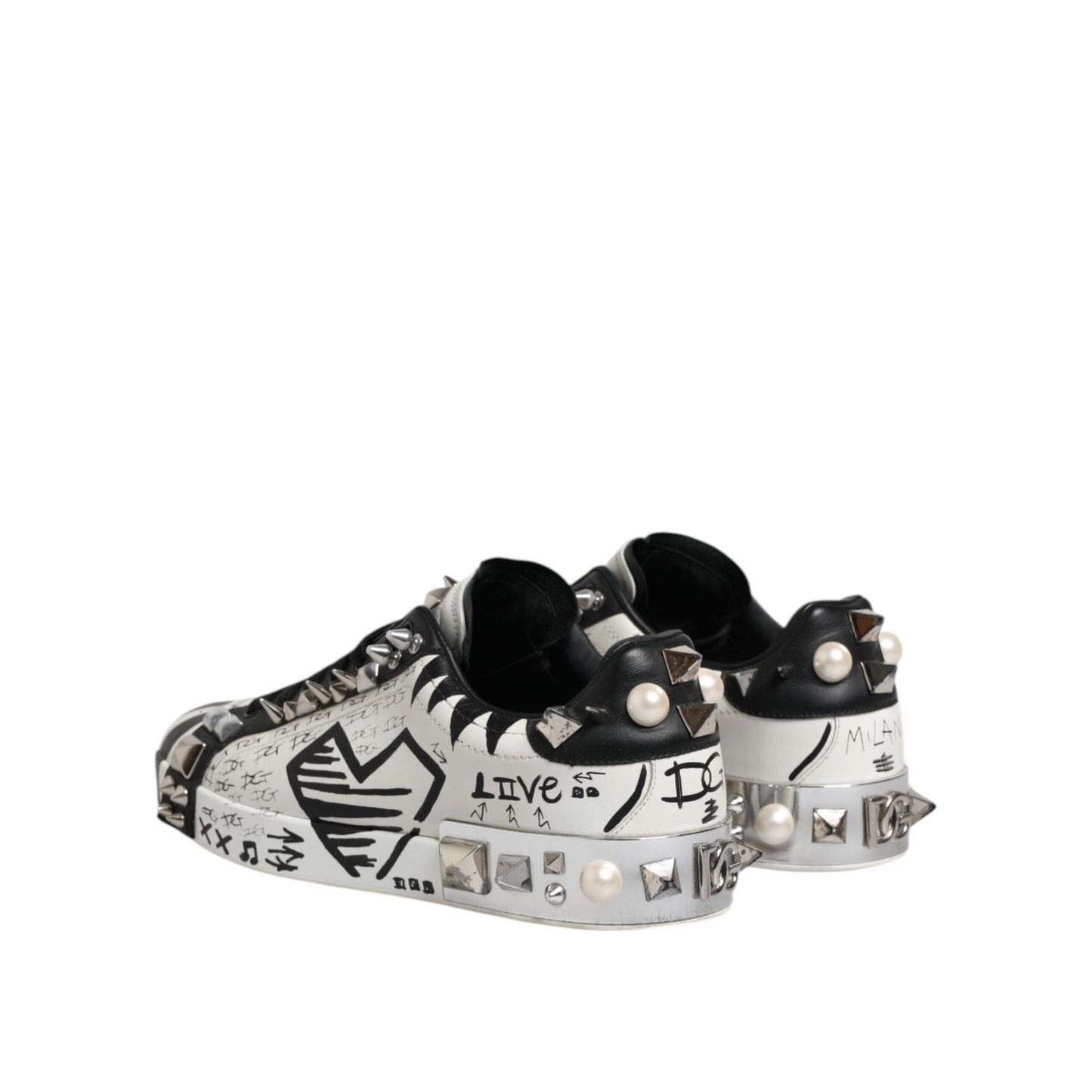 Dolce & Gabbana Black White Studded Low Top Sneakers Shoes