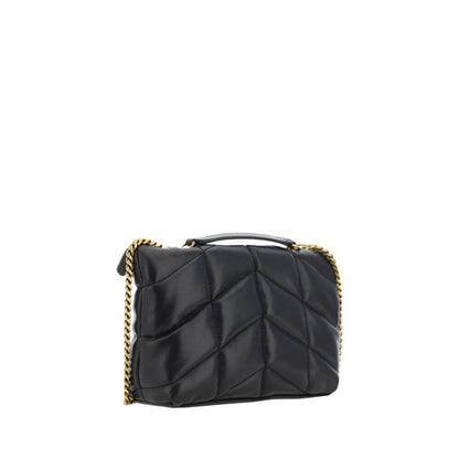 Saint Laurent Black Lamb Ovis Aries Aries Shoulder Bag with chevron quilting and gold chain detail