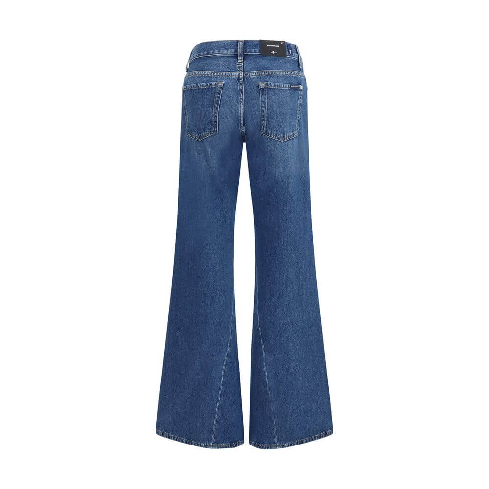 Back view of 7FOR Blue Cotton Flared Jeans featuring classic five-pocket design and slight flare, made of dark blue denim with light shading.