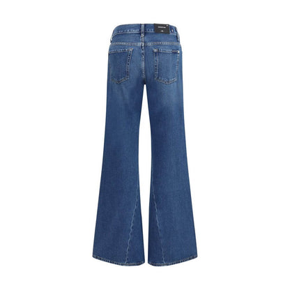 Back view of 7FOR Blue Cotton Flared Jeans featuring classic five-pocket design and slight flare, made of dark blue denim with light shading.