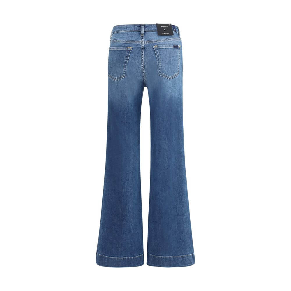 Back view of 7FOR Blue Cotton Flared Jeans with patch pockets, showcasing modern silhouette and flared cut, made of 98% cotton, 2% elastane.