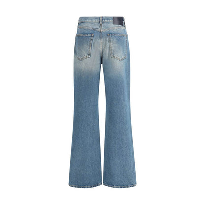 Back view of Haikure Light Blue Cotton Flared Jeans with wide leg and logoed leather patch, showcasing contemporary casual style.