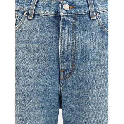 Close-up of Haikure Light Blue Cotton Flared Jeans showcasing front design and stitching details.