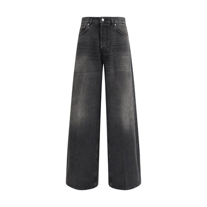 Haikure Black Cotton Relaxed Fit Jeans with wide legs and buttoned front closure, featuring a logoed leather patch at the back.