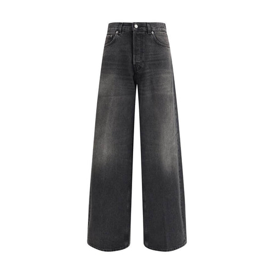 Haikure Black Cotton Relaxed Fit Jeans with wide legs and logoed leather patch, showcasing Italian craftsmanship and style.