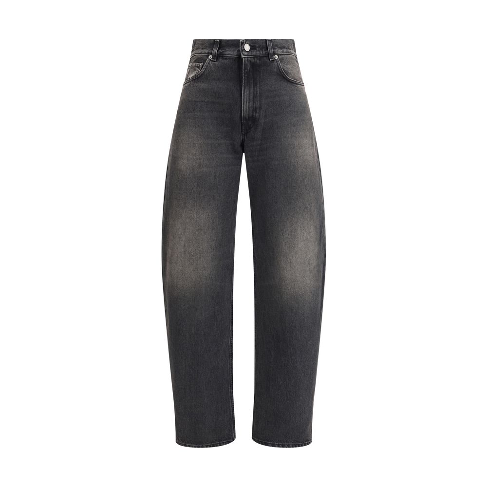 Haikure Black Cotton Relaxed Fit Jeans with wide-leg design and logoed patch