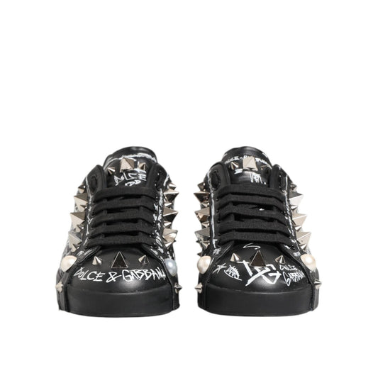 Dolce & Gabbana Black Portofino Stud Embellished Sneakers Shoes MV7747-41