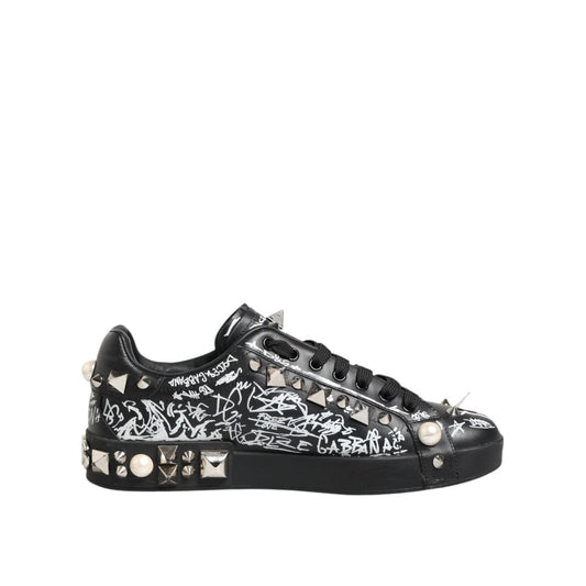 Dolce & Gabbana Black Portofino Stud Embellished Sneakers Shoes MV7747-41