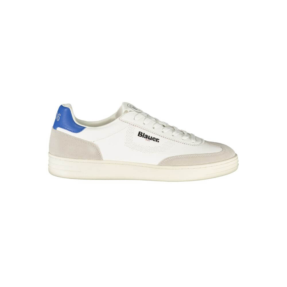 Blauer White Leather Men Sneaker with blue accents and Blauer logo on side view