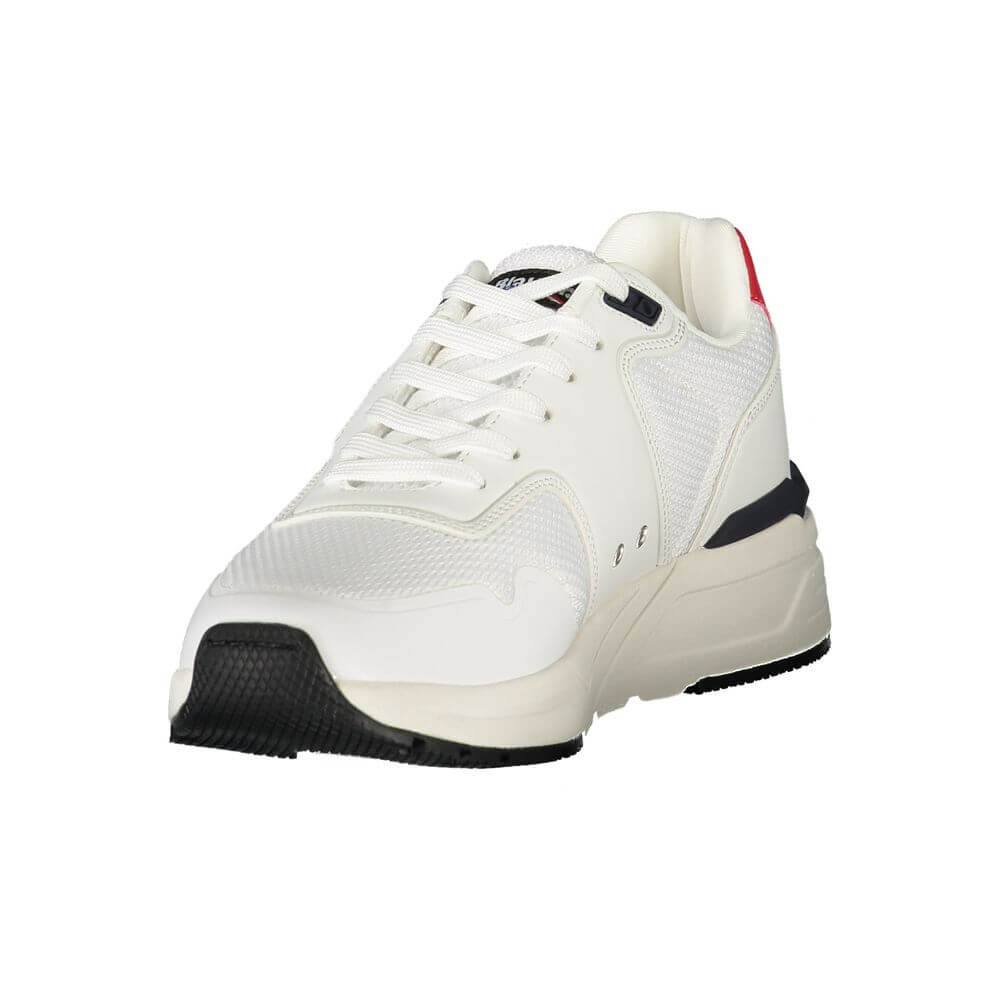 Blauer White Polyester Men Sneaker featuring sleek design with contrasting details and iconic logo.