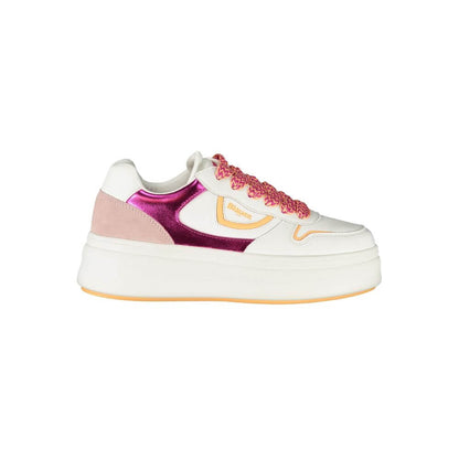 Blauer White Leather Women Sneaker with pink accents and contrasting laces, featuring comfortable removable insoles and iconic logo.