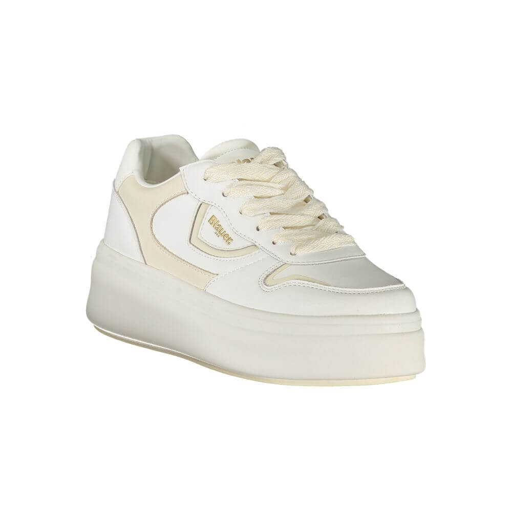 Blauer White Leather Women Sneaker with contrasting details and removable insole, includes extra laces and iconic logo for trendsetters.