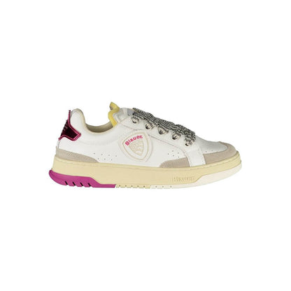 Blauer White Leather Women Sneaker with grey and fuchsia accents, vibrant sporty design, removable insole, and bold logo.