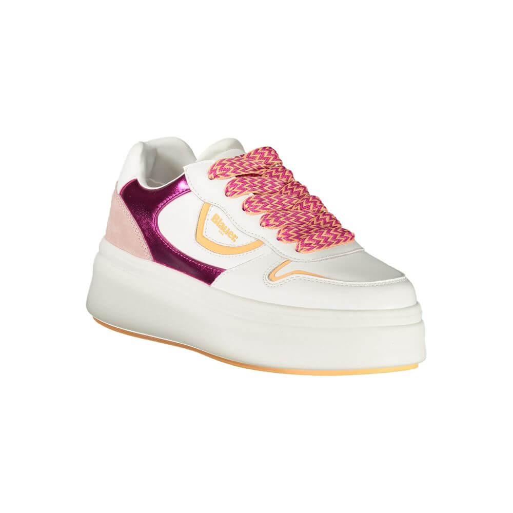 Blauer White Leather Women Sneaker with pink laces and logo design for trendy fashion-forward styling