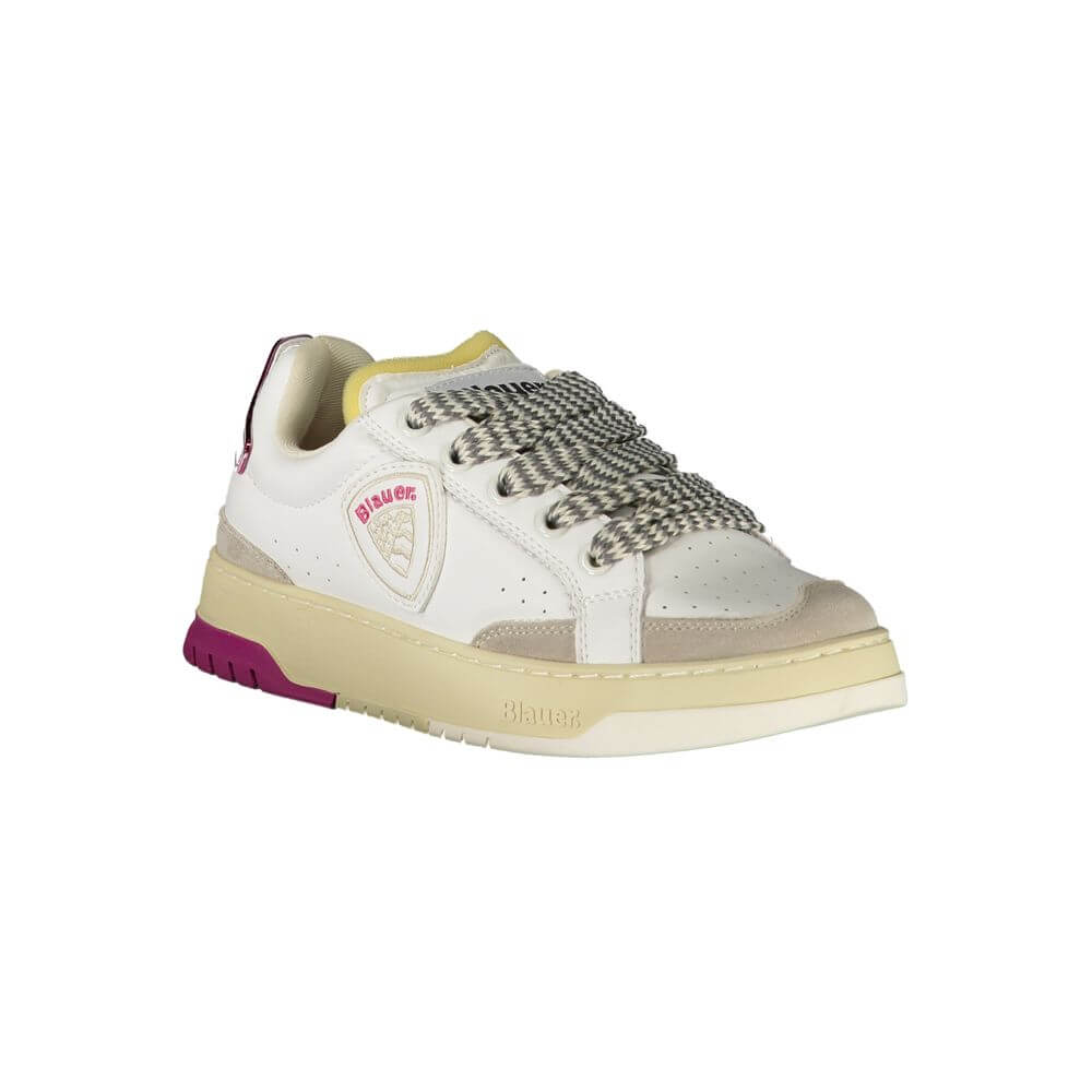 Blauer White Leather Women Sneaker with grey and fuchsia accents, perfect for fashion-forward comfort and style.