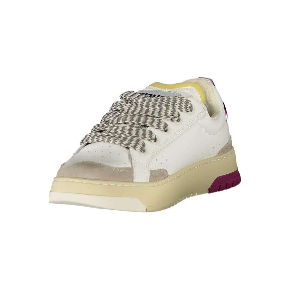 Blauer White Leather Women Sneaker with grey and fuchsia accents, removable insole, and bold logo.