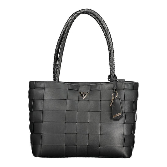Guess Jeans Black Polyethylene Women Handbag with woven design and dual handles, featuring practical compartments for essentials.