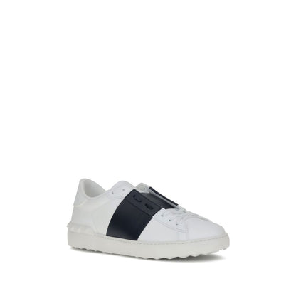 Valentino Garavani White Calf Leather Bos Taurus Low Top Sneakers with contrasting side bands and studded heel, AW25 collection.