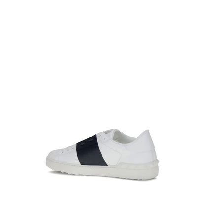 Valentino Garavani White Calf Leather Bos Taurus Low Top Sneakers with contrasting side bands and studded heel on a flat sole.