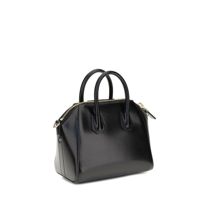 Givenchy Black Calf Leather Bos Taurus Handbag, glossy design with geometric pattern, zipper closure, and removable strap.