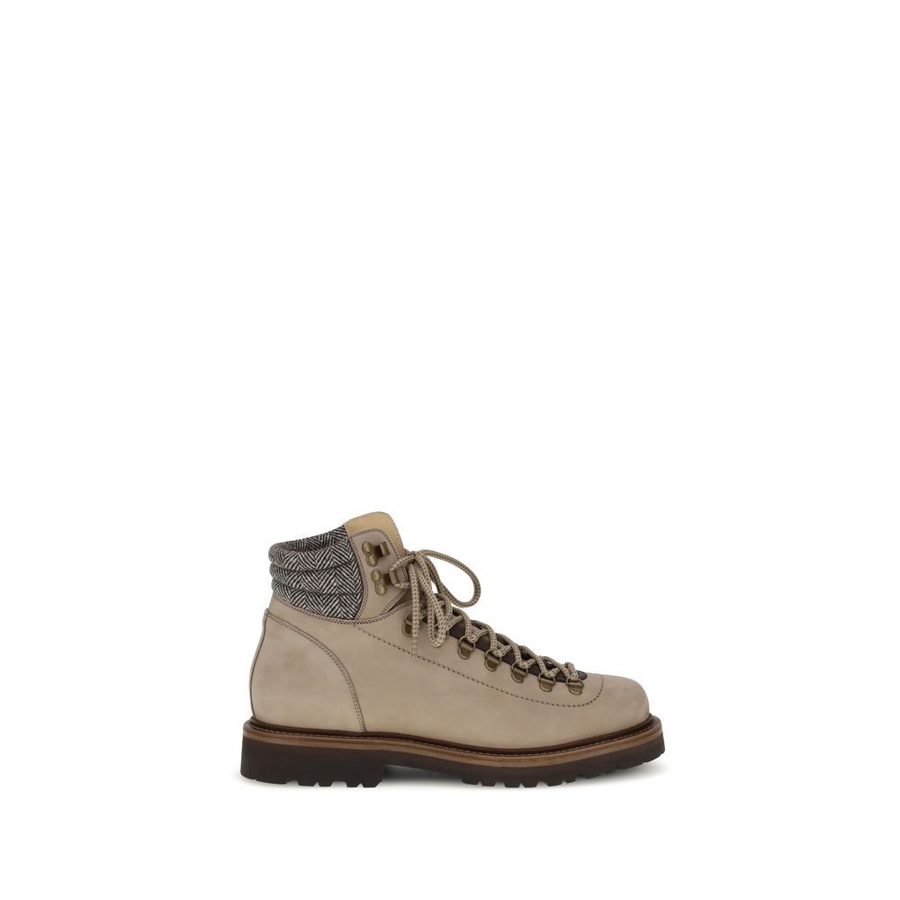 Brunello Cucinelli Beige Calf Leather Bos Taurus Lace-Up Boots with metal eyelets and round laces, side view.