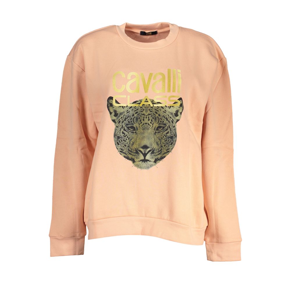 Cavalli Class Pink Cotton Women Sweater with bold logo and leopard print, featuring soft fleece and long sleeves for chic casual style.