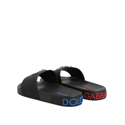 Dolce & Gabbana Black Leather Slides Flats Beachwear Shoes