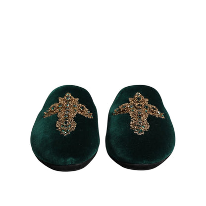 Dolce & Gabbana Green Velvet Cross Embellished Slippers Shoes