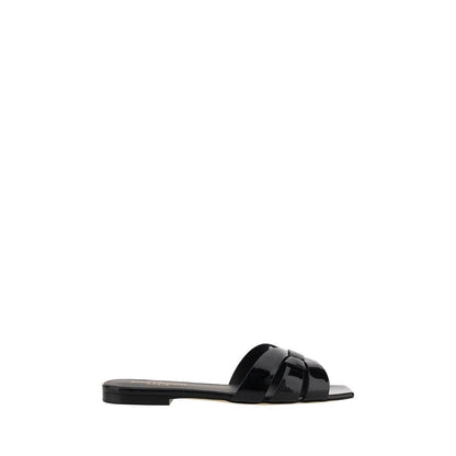 Saint Laurent Black Calf Leather Bos Taurus Flat Sandals with square toe and woven front, made in Italy, AW25 collection.