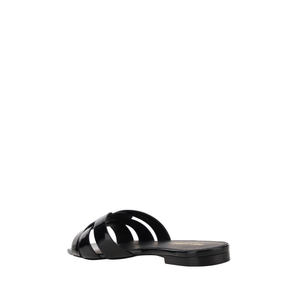 Saint Laurent Black Calf Leather Bos Taurus Flat Sandals with woven front and square toe design, AW25, made in Italy.