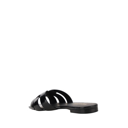 Saint Laurent Black Calf Leather Bos Taurus Flat Sandals with woven front and square toe design, AW25, made in Italy.