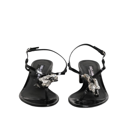 Dolce & Gabbana Black Leather Crystal Ankle Strap Sandals Shoes LA12752-35.5