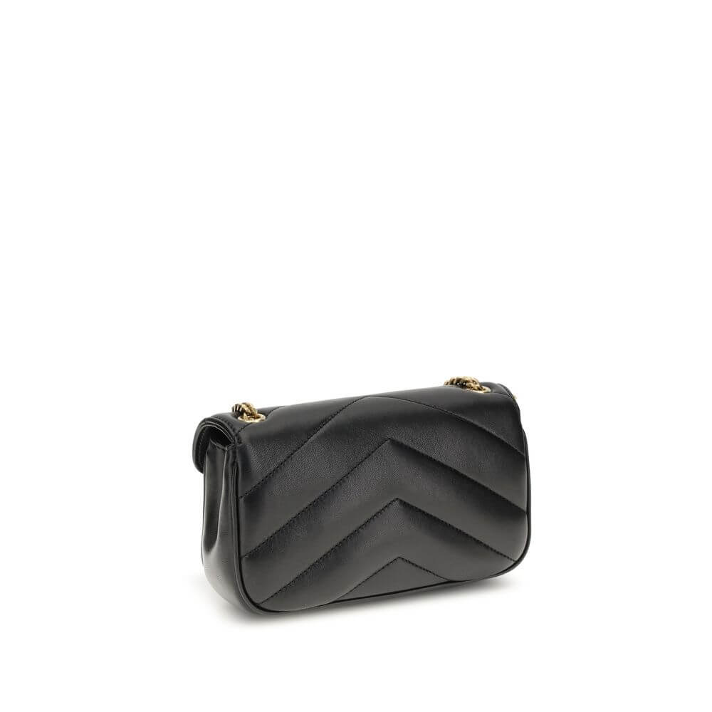 Saint Laurent Black Lamb Ovis Aries Aries Shoulder Bag, quilted with YSL logo, side view.