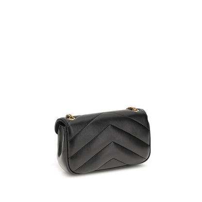 Saint Laurent Black Lamb Ovis Aries Aries Shoulder Bag, quilted with YSL logo, side view.